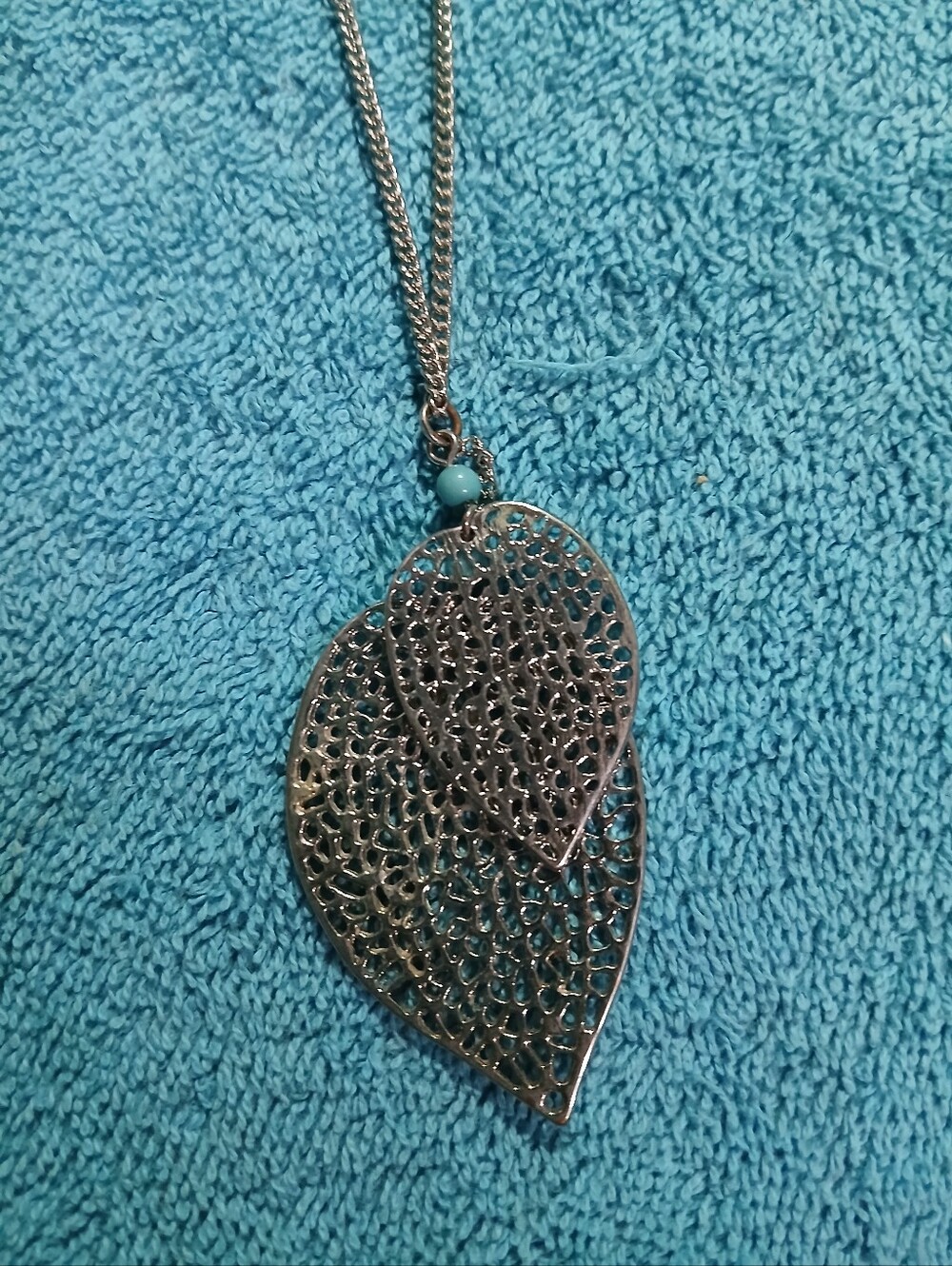 Silver Leaf Filigree Pendant Necklace with Turquoise Bead
